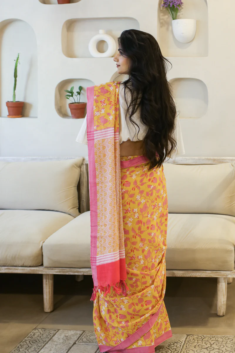 A Stitch of Summer Handwoven Mulmul Cotton Printed Saree - Image 7