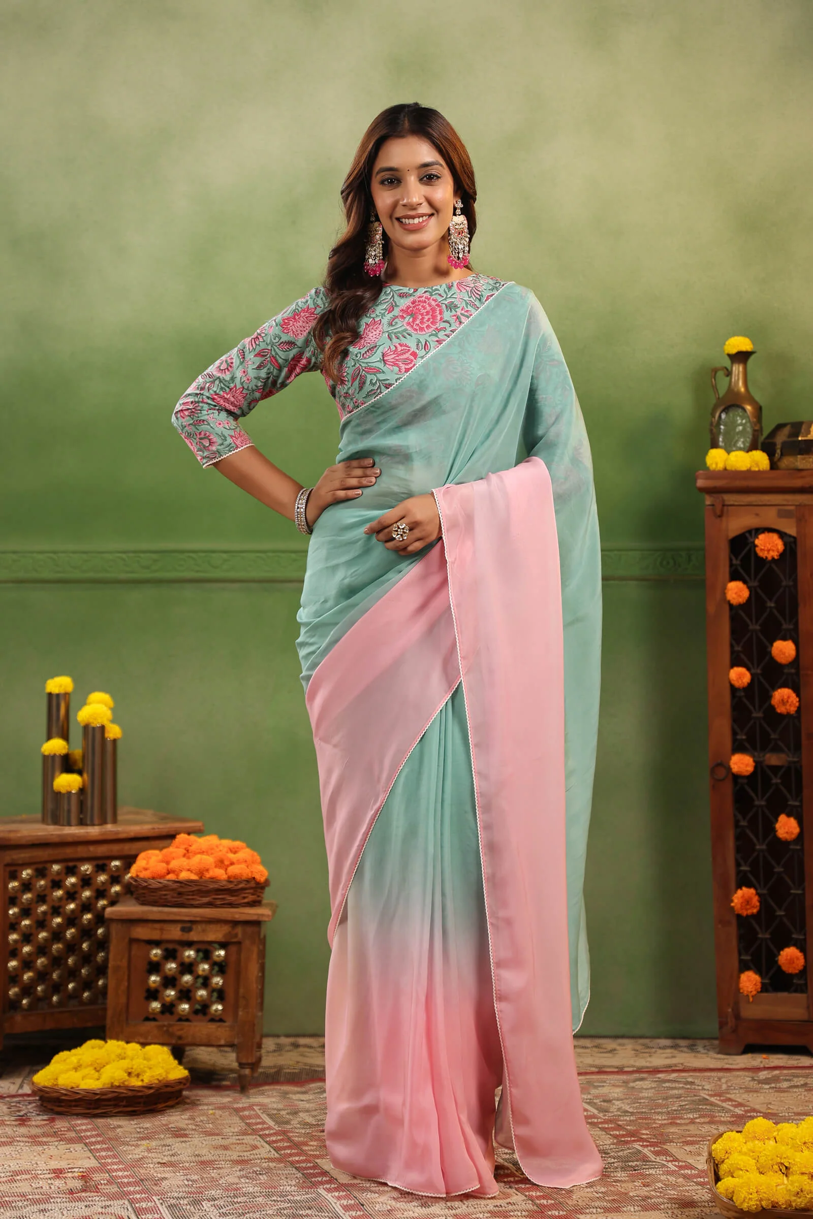 Aqua & Pink Ombre Organza Saree with Printed Blouse Fabric - Image 3
