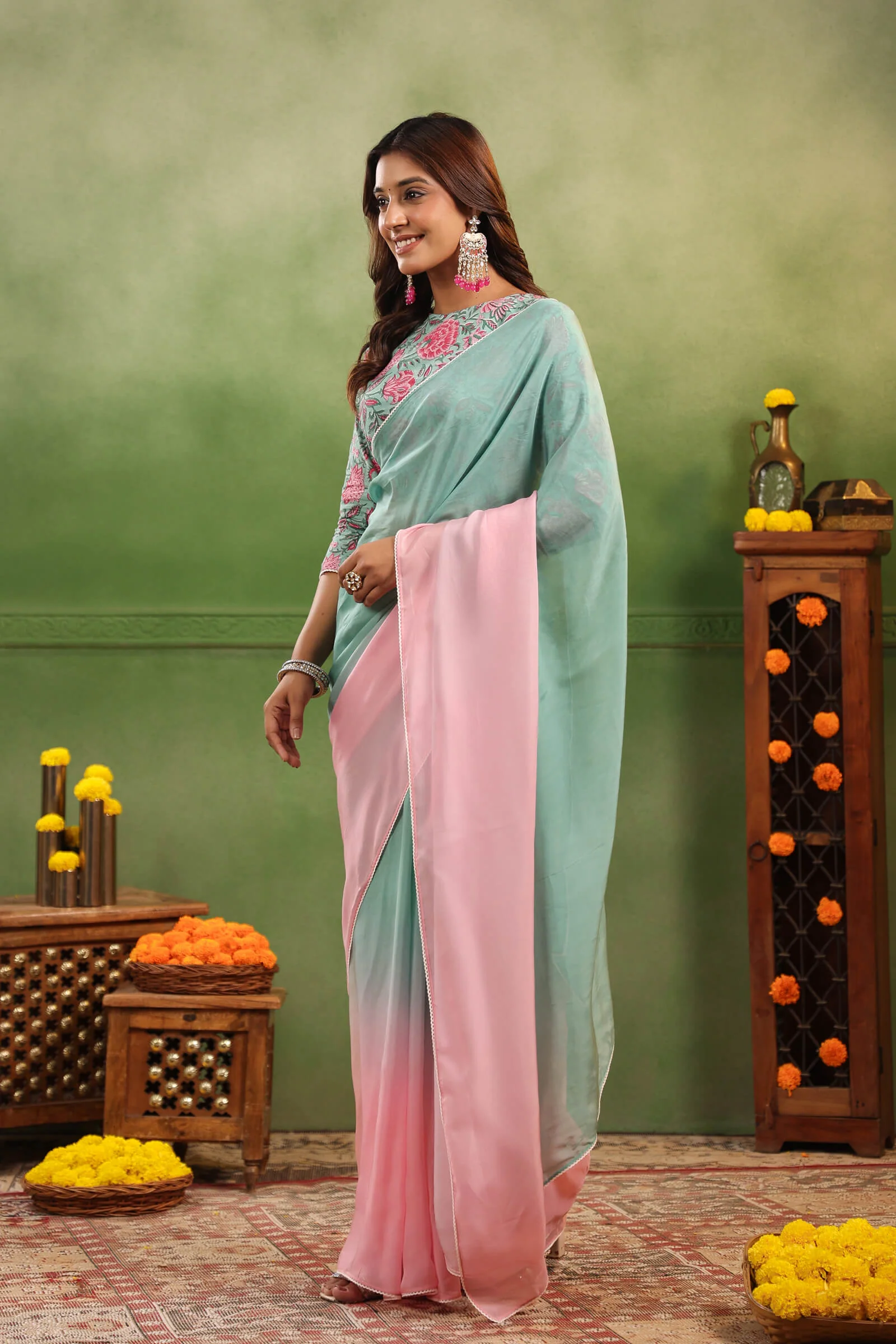 Aqua & Pink Ombre Organza Saree with Printed Blouse Fabric - Image 4