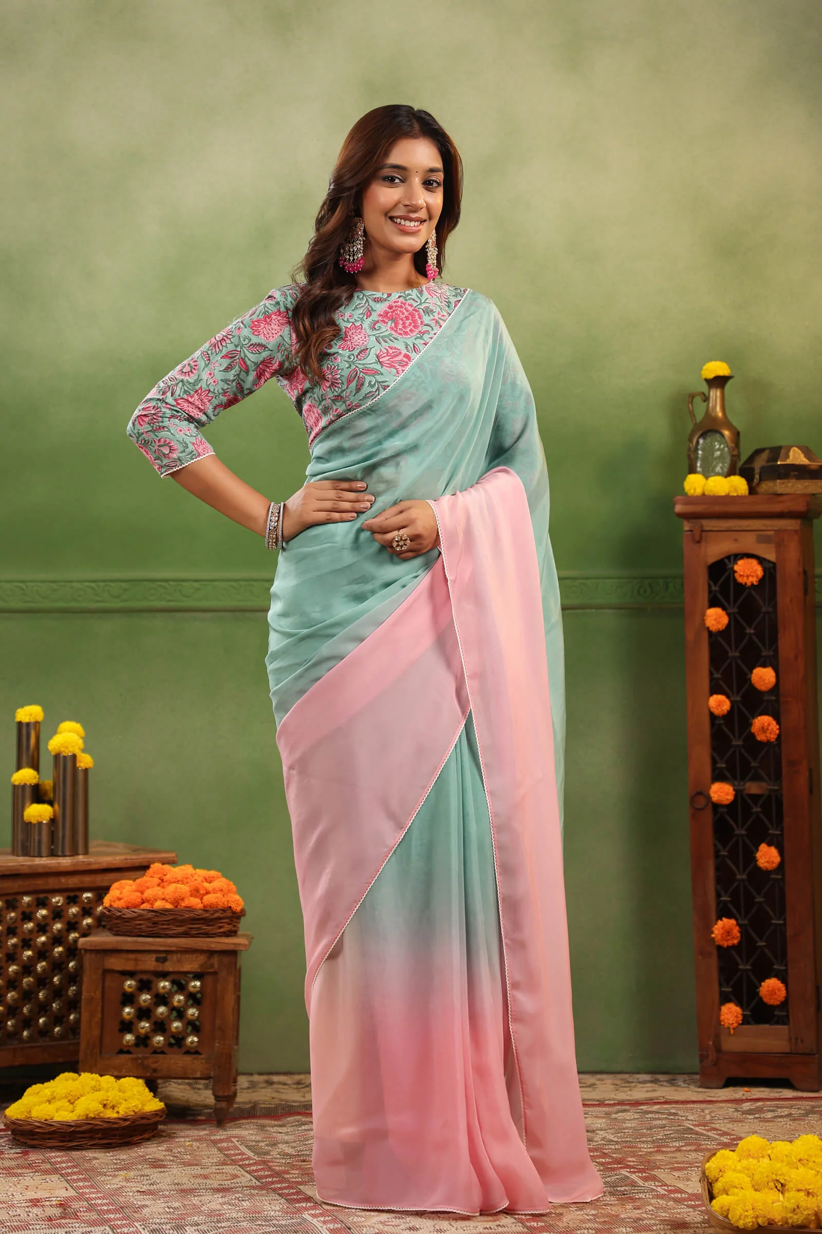 Aqua & Pink Ombre Organza Saree with Printed Blouse Fabric - Image 5