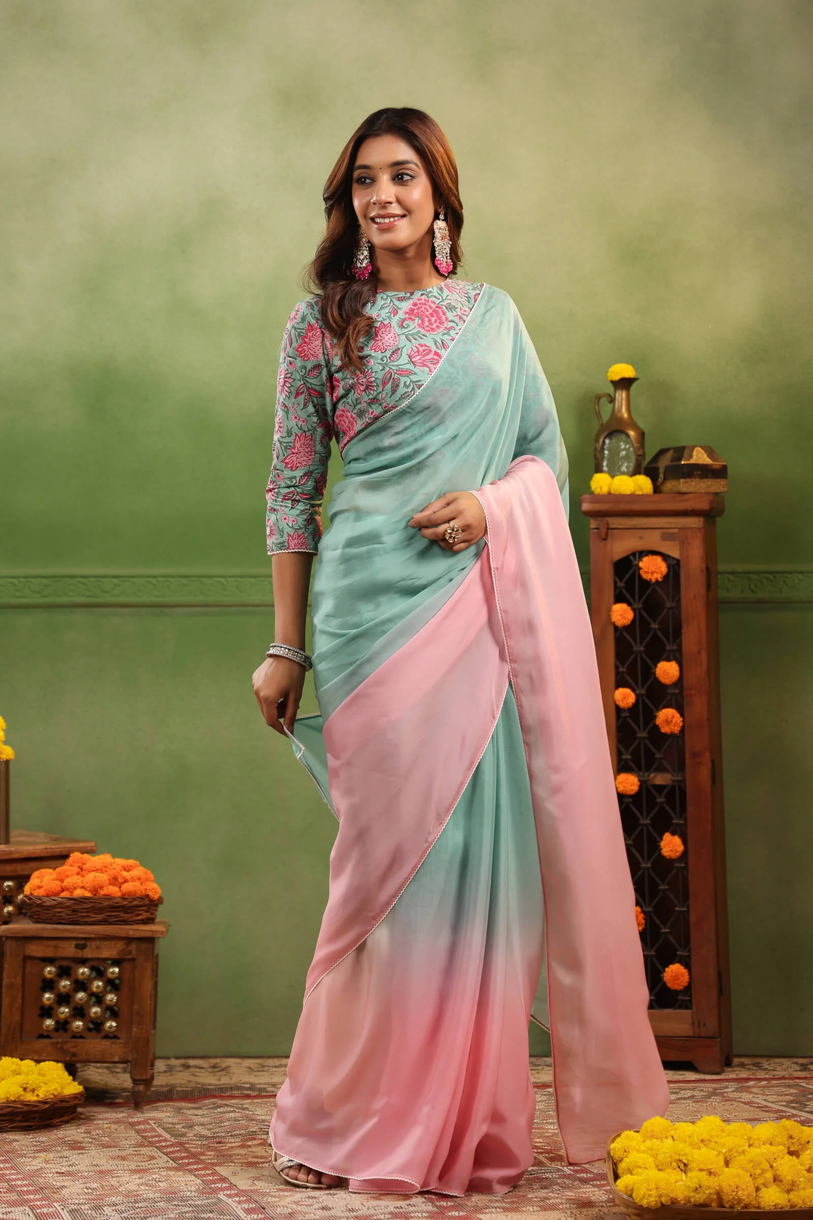 Aqua & Pink Ombre Organza Saree with Printed Blouse Fabric - Image 6