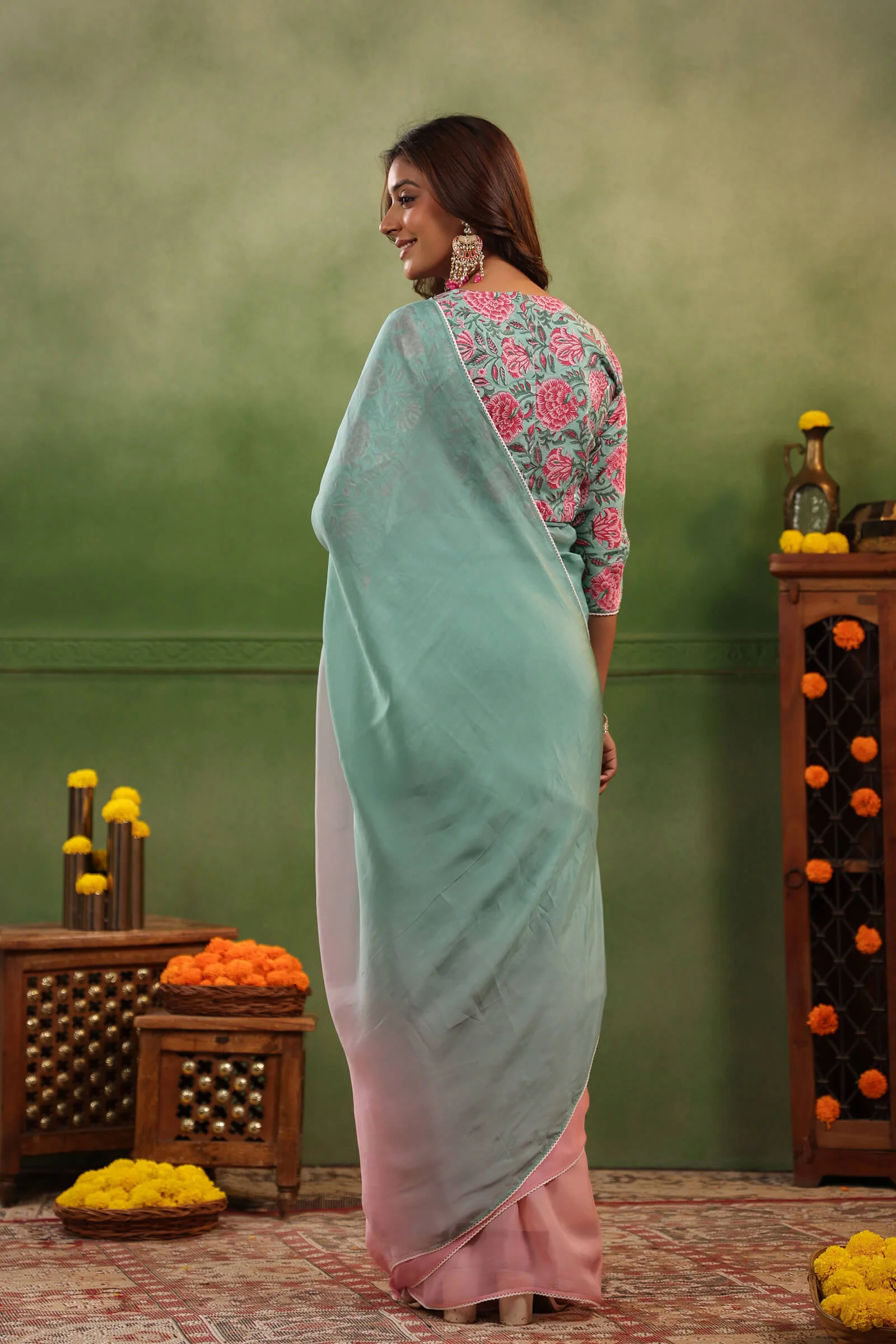 Aqua & Pink Ombre Organza Saree with Printed Blouse Fabric - Image 7