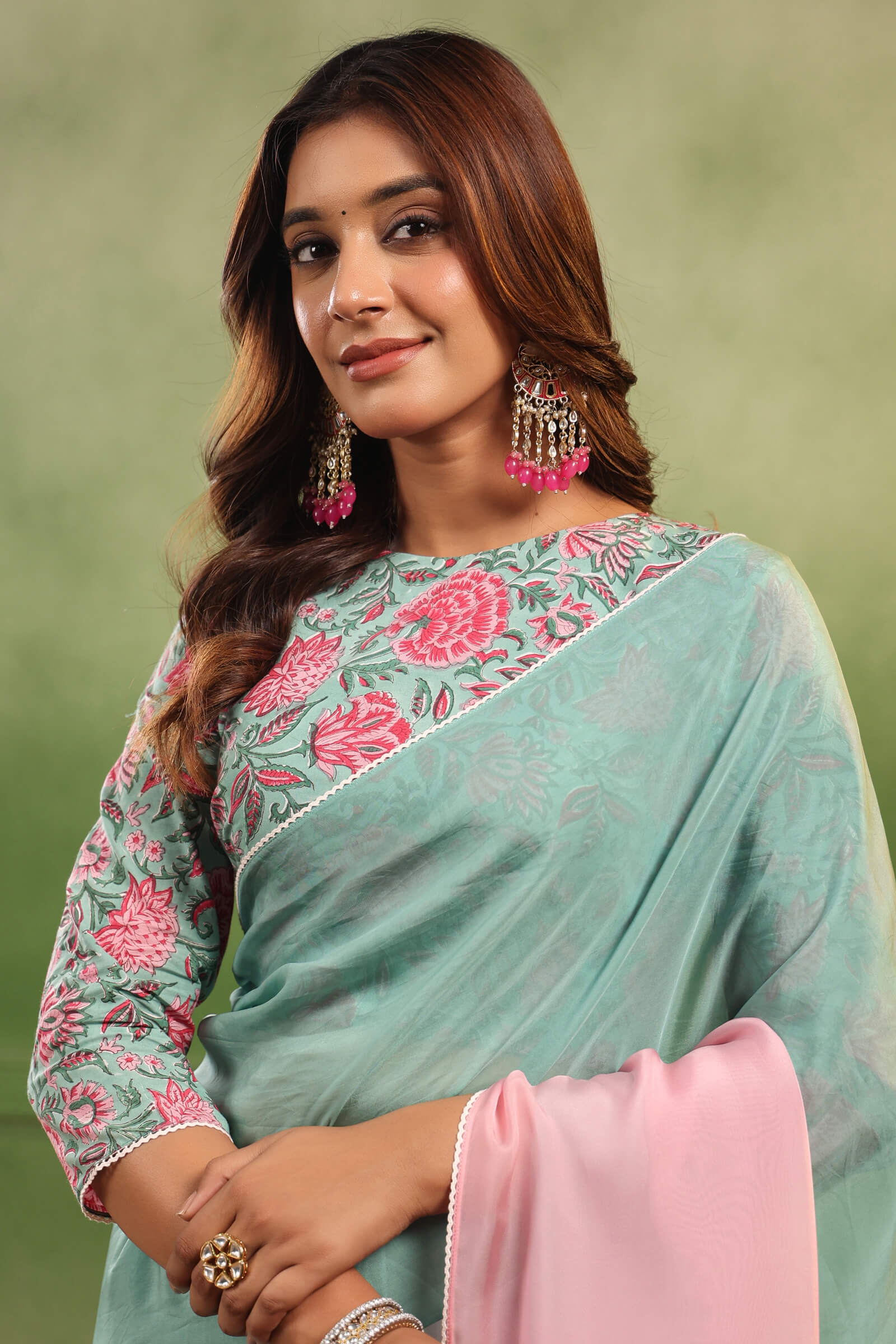 Aqua & Pink Ombre Organza Saree with Printed Blouse Fabric - Image 8