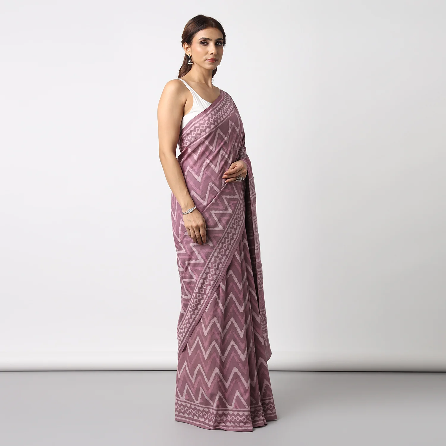 Berry Pink - Dabu Hand Block Print Mulmul Cotton Bagru Saree - Image 3