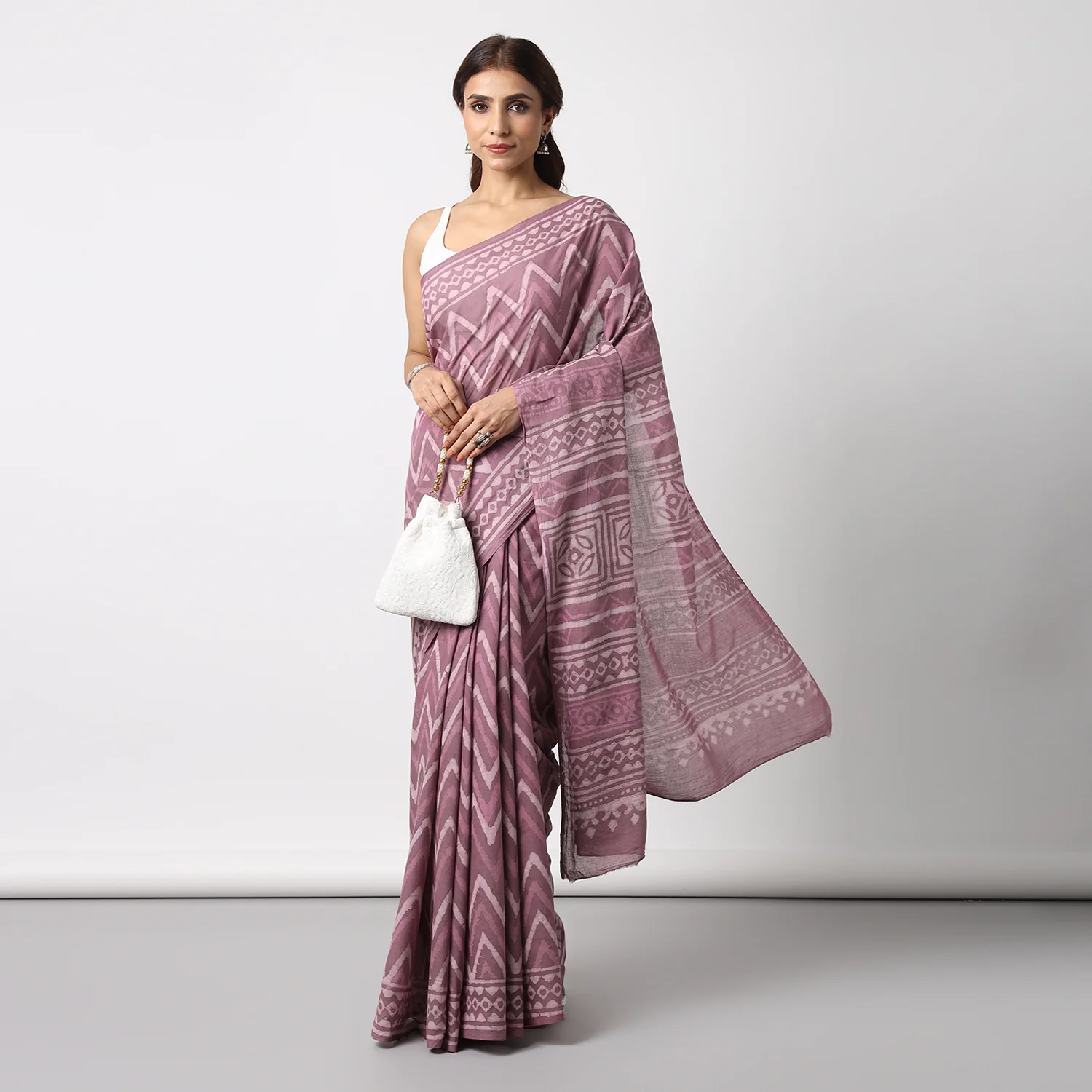 Berry Pink - Dabu Hand Block Print Mulmul Cotton Bagru Saree - Image 4