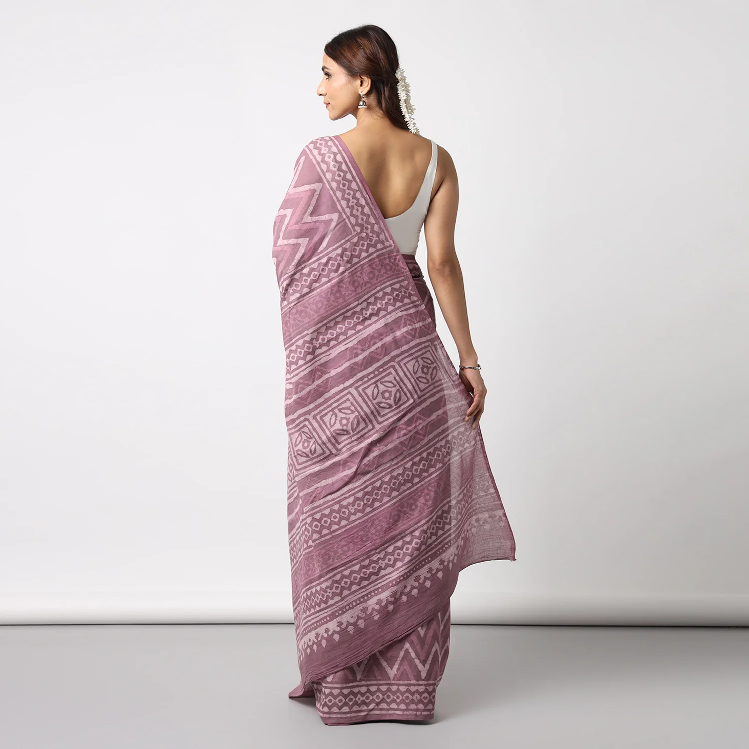 Berry Pink - Dabu Hand Block Print Mulmul Cotton Bagru Saree - Image 5