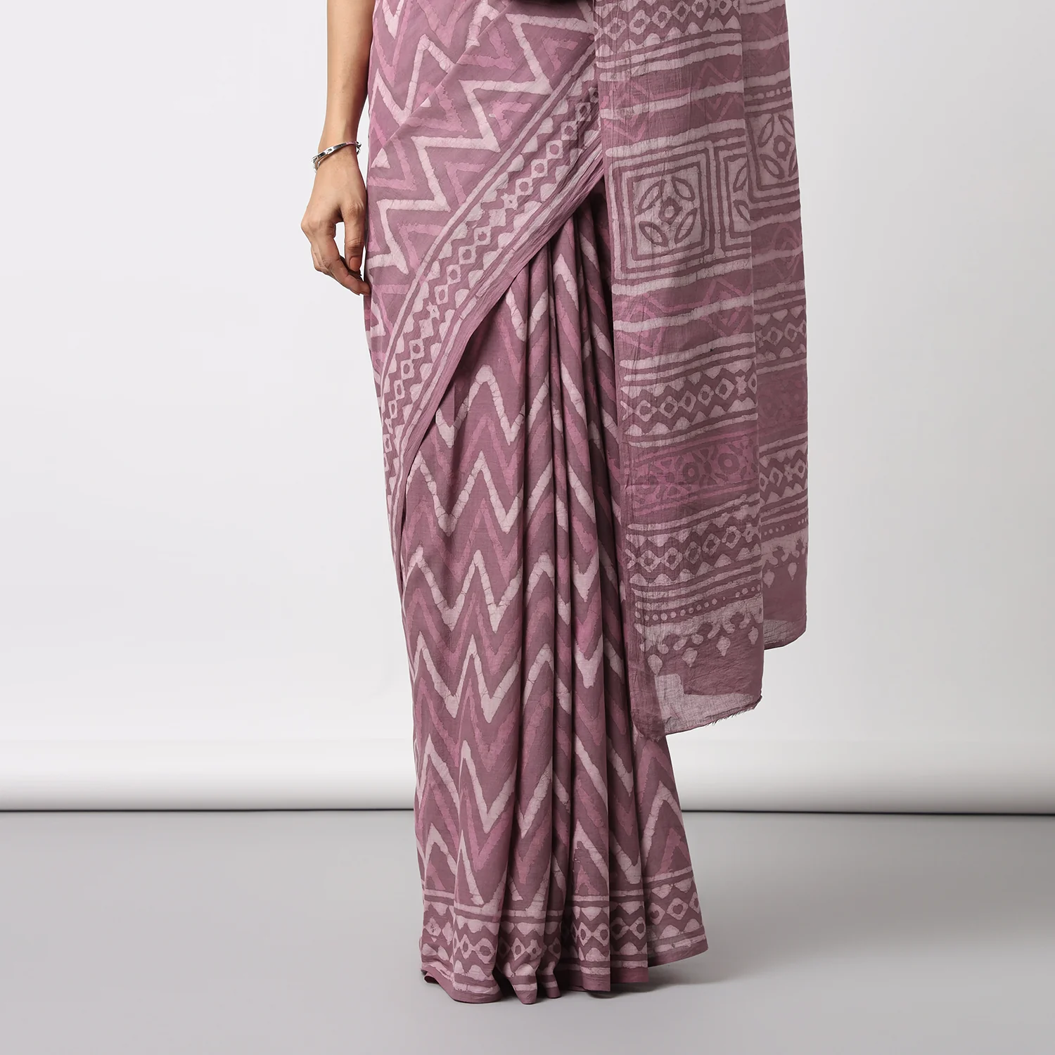 Berry Pink - Dabu Hand Block Print Mulmul Cotton Bagru Saree - Image 7