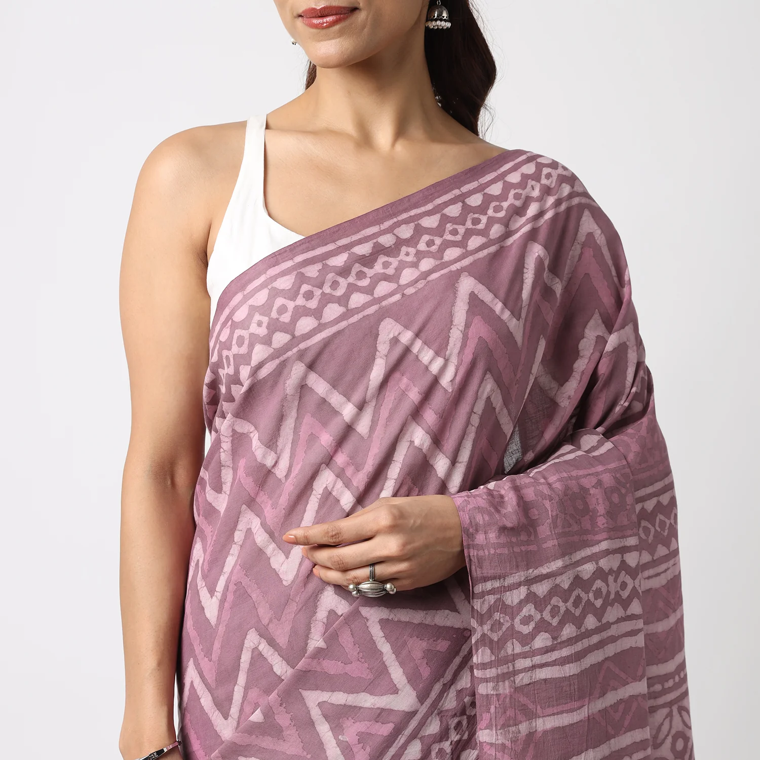 Berry Pink - Dabu Hand Block Print Mulmul Cotton Bagru Saree - Image 6