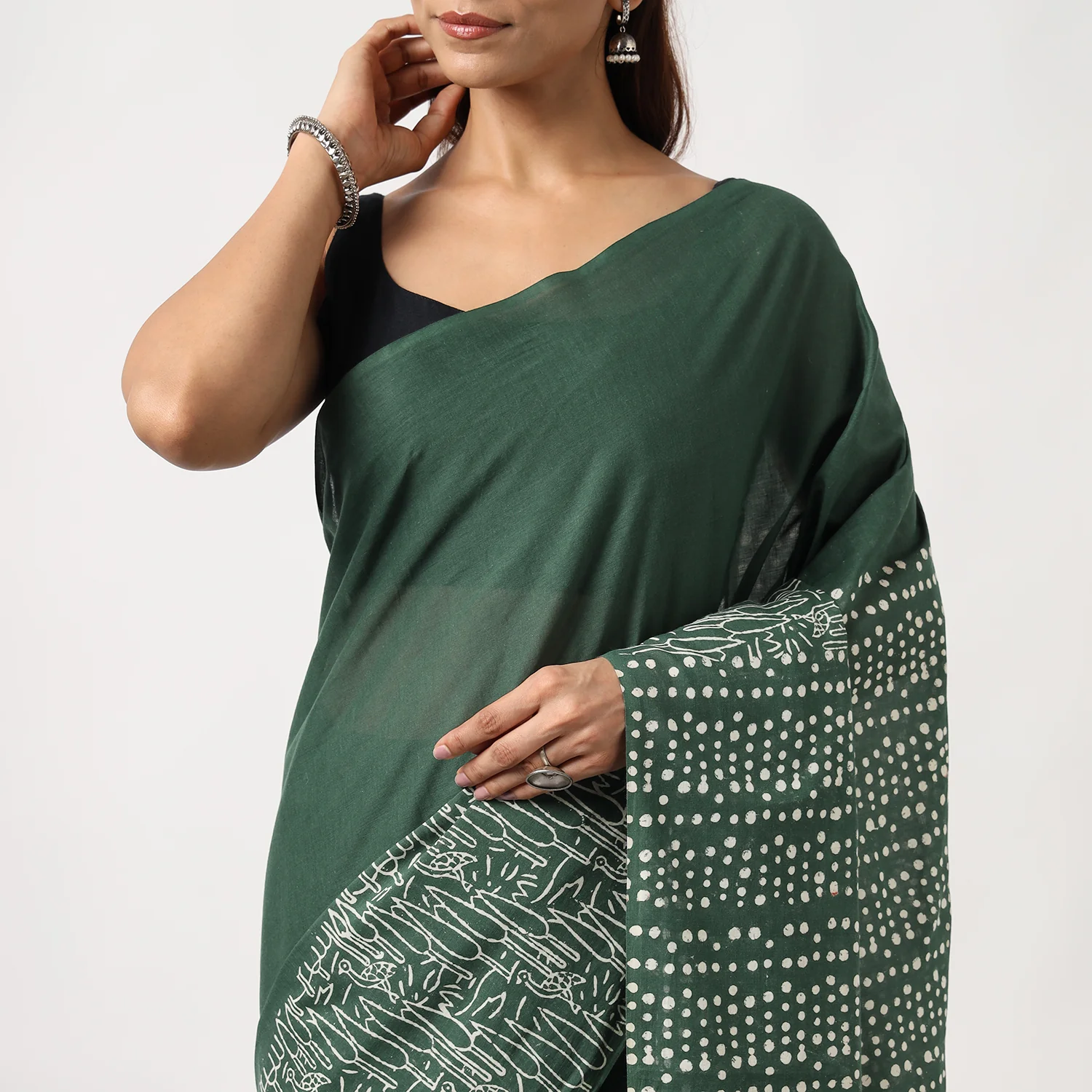 Birdsong - Hand Block Print Mulmul Cotton Bagru Saree - Image 6
