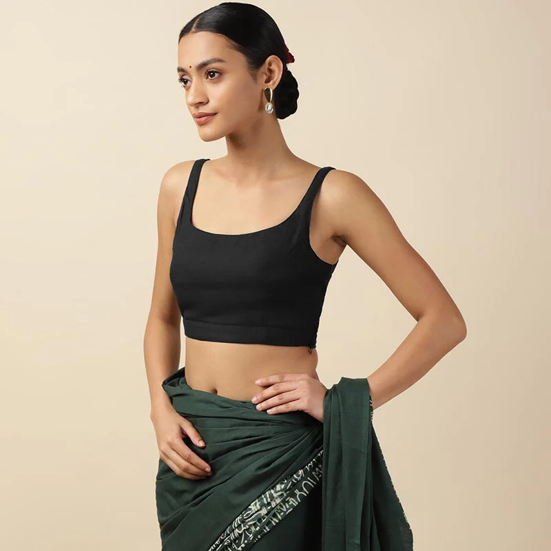 Black Cotton Sleeveless Readymade Blouse with U neck - Image 3