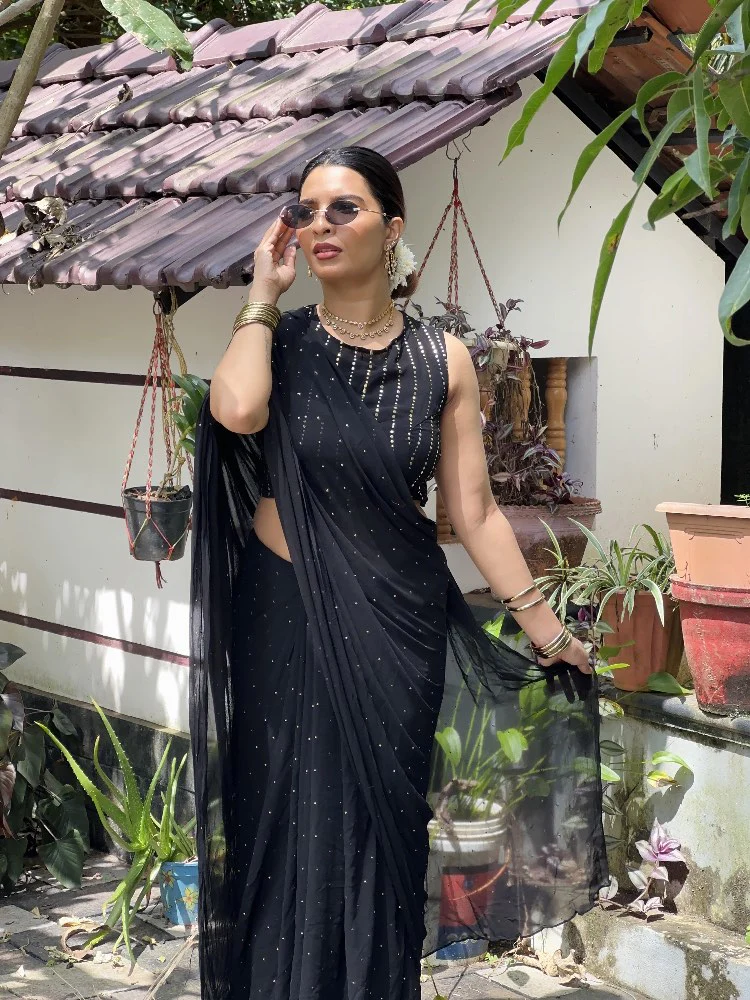 Black Sitara - Georgette saree with Sequins - Image 6