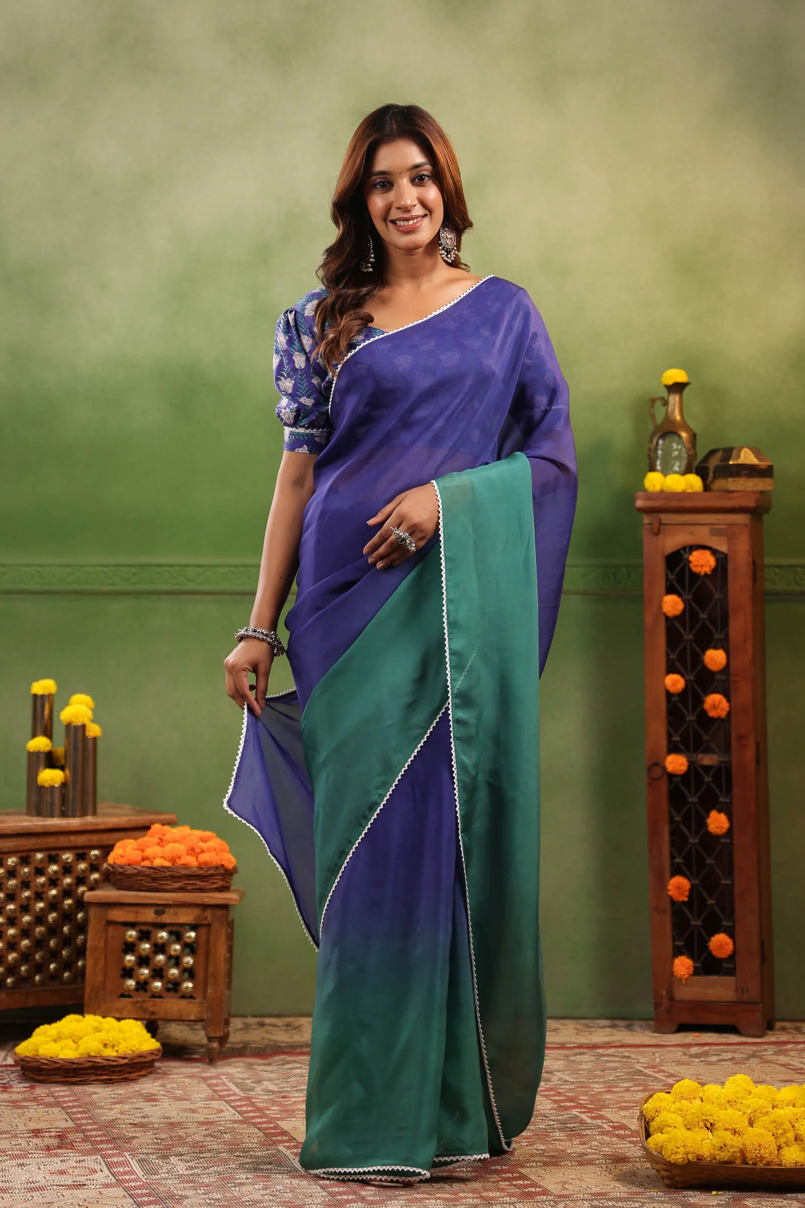Blue & Green Ombre Organza Saree with Printed Blouse Fabric - Image 3
