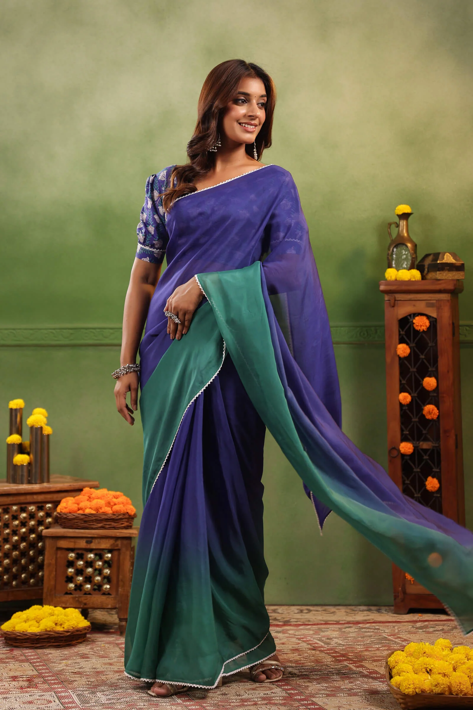 Blue & Green Ombre Organza Saree with Printed Blouse Fabric - Image 6