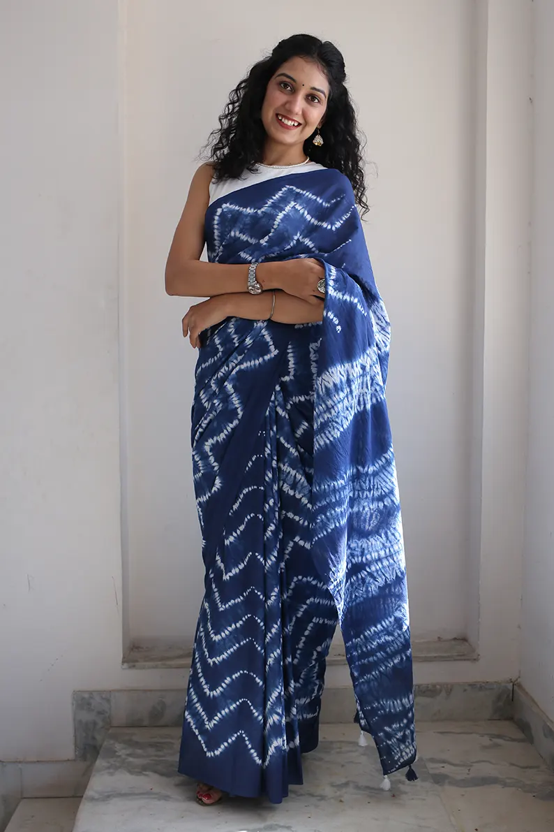 Blue Moon - Tie-Dye Mulmul Cotton Bagru Saree - Image 4