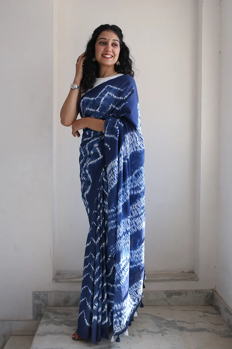 Blue Moon - Tie-Dye Mulmul Cotton Bagru Saree - Image 5