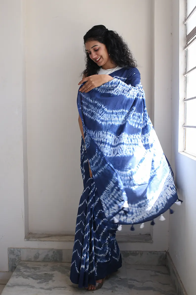 Blue Moon - Tie-Dye Mulmul Cotton Bagru Saree - Image 6