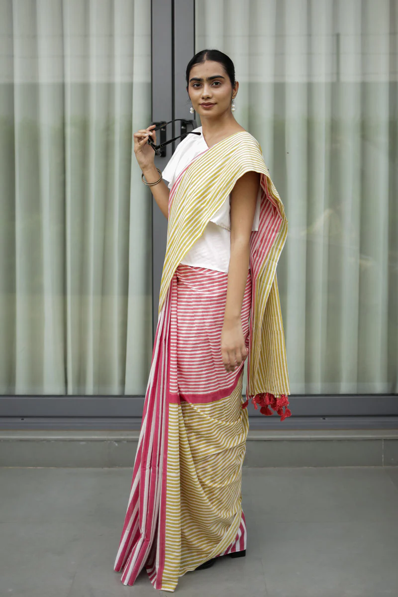 Candy Stripes Hand Block Print Mulmul Cotton Saree - Image 4