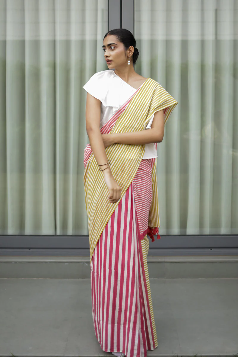 Candy Stripes Hand Block Print Mulmul Cotton Saree - Image 3