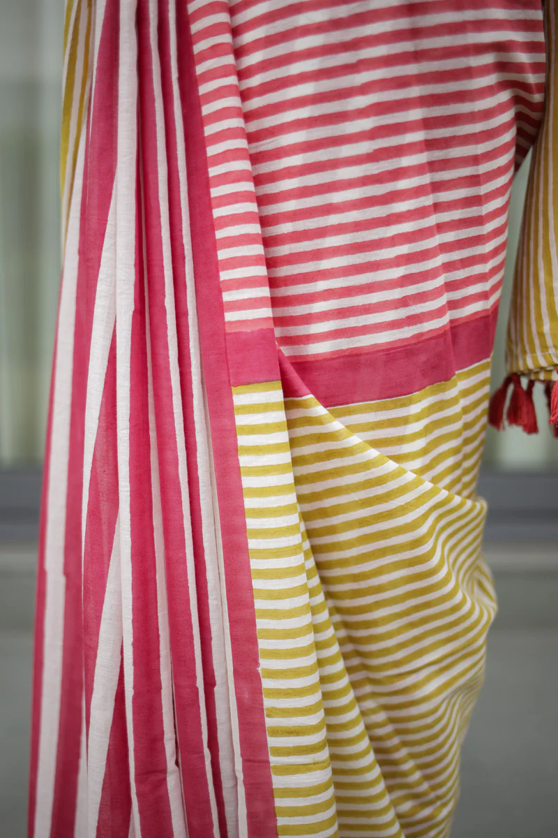 Candy Stripes Hand Block Print Mulmul Cotton Saree - Image 6