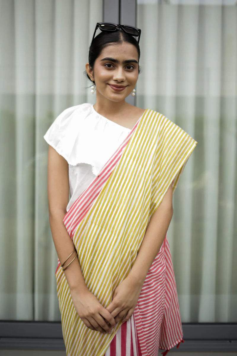 Candy Stripes Hand Block Print Mulmul Cotton Saree - Image 5