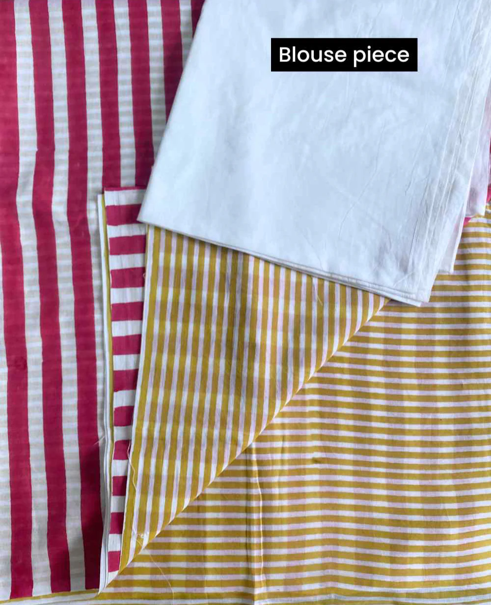 Candy Stripes Hand Block Print Mulmul Cotton Saree - Image 7