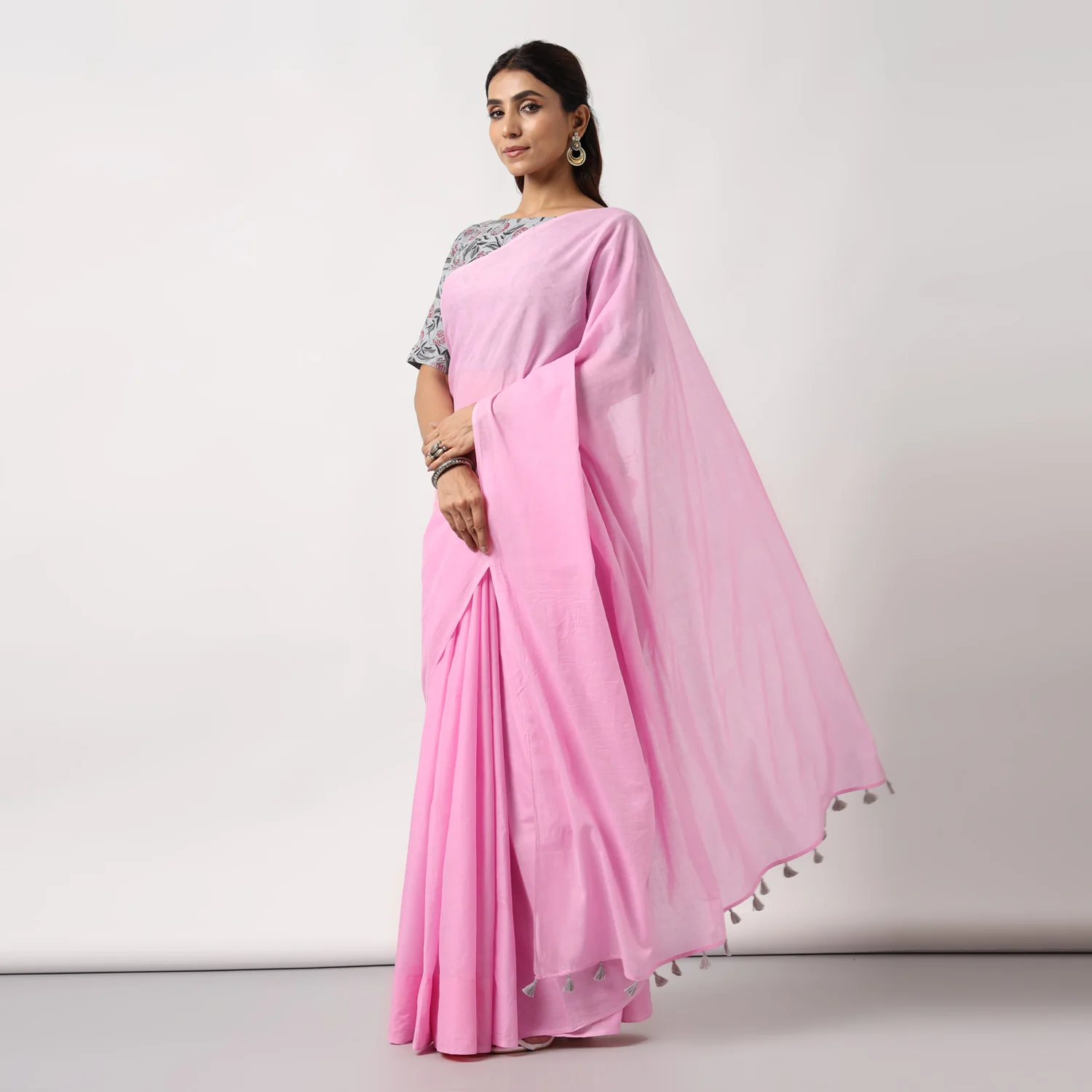 Candyfloss Pink - Mulmul Cotton Saree with Tassels - Image 4