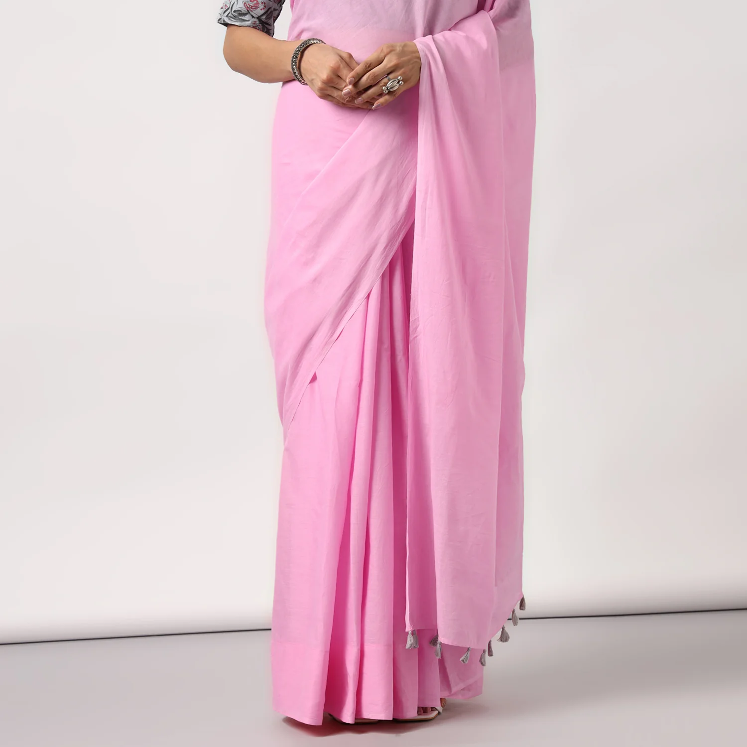 Candyfloss Pink - Mulmul Cotton Saree with Tassels - Image 7