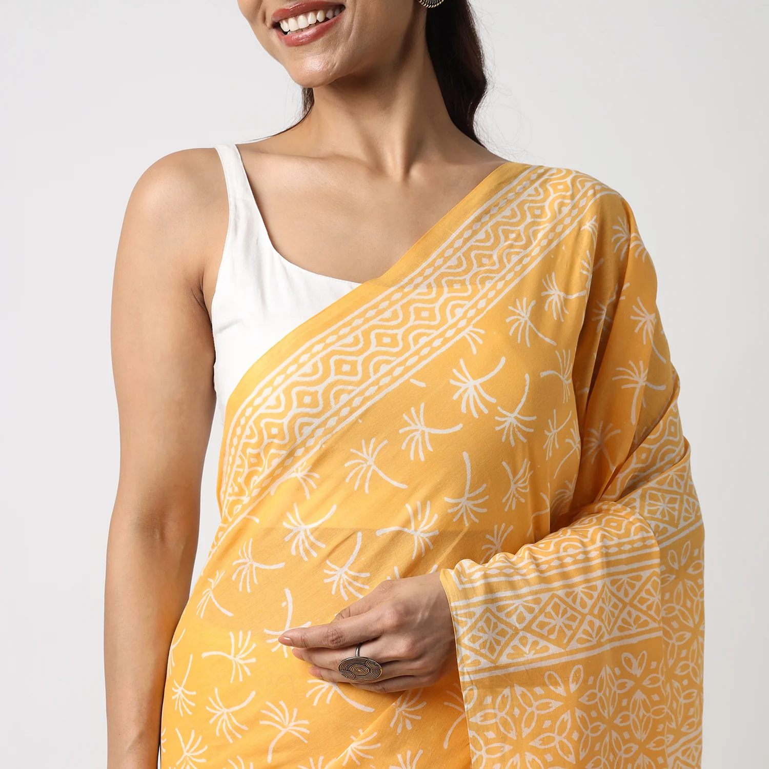 Dandelions in the Sky - Yellow Hand Block Print Mulmul Cotton Bagru Saree - Image 6