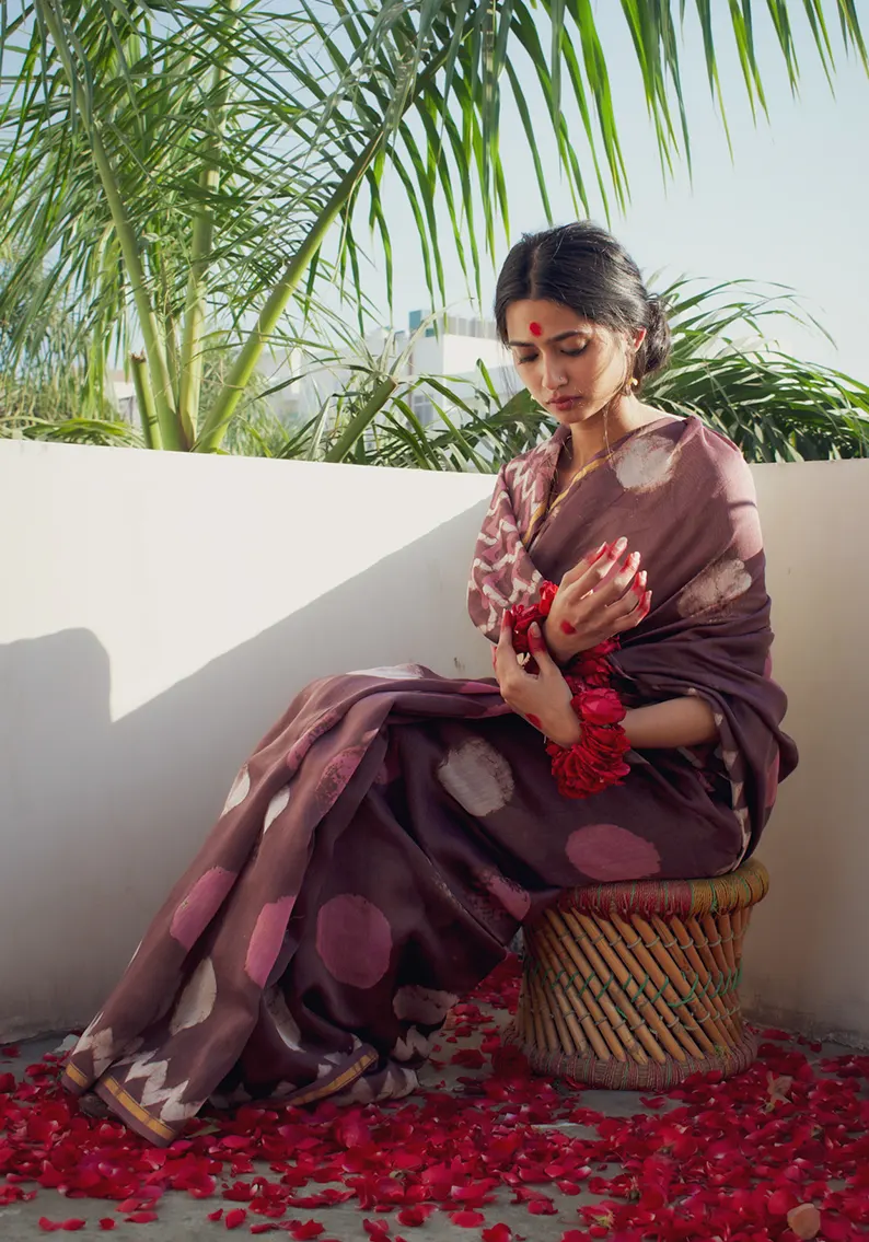 Charu - Purple Dabu Hand Block Print Chanderi Silk Saree - Image 3