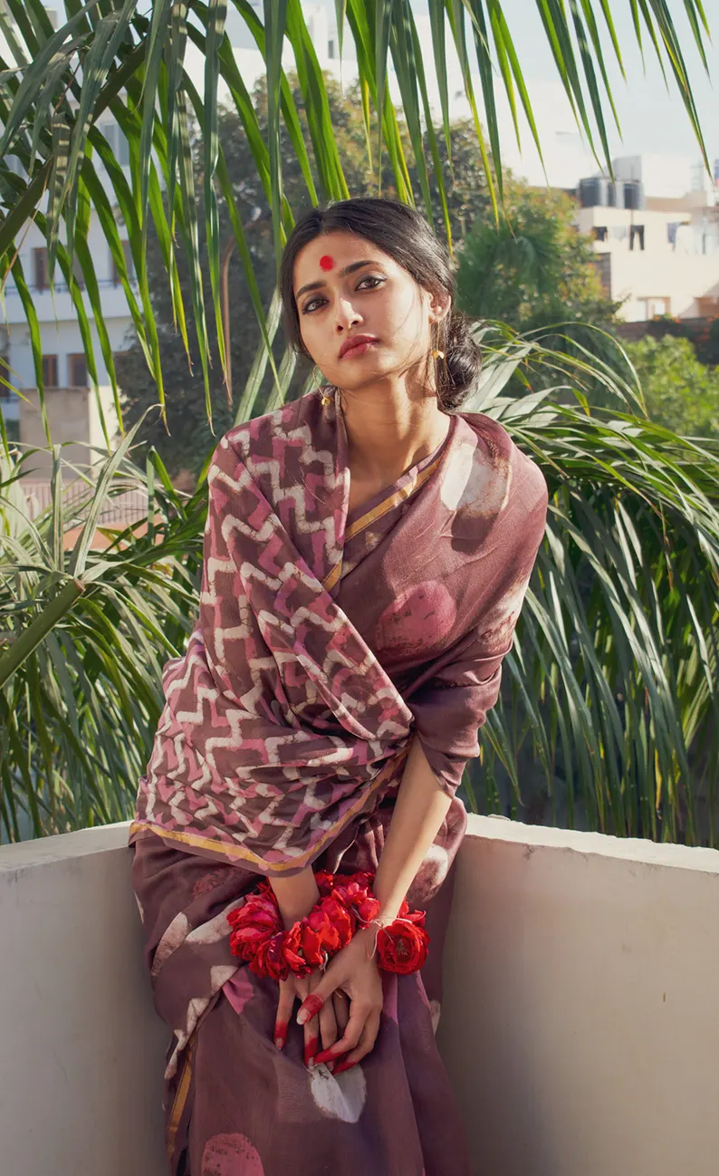 Charu - Purple Dabu Hand Block Print Chanderi Silk Saree - Image 4