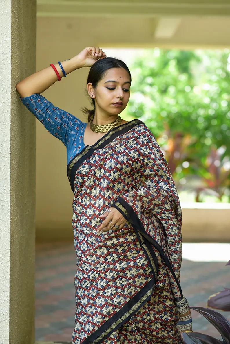 Chinese Checkers- Hand Block Print Chanderi Silk Saree - Image 5