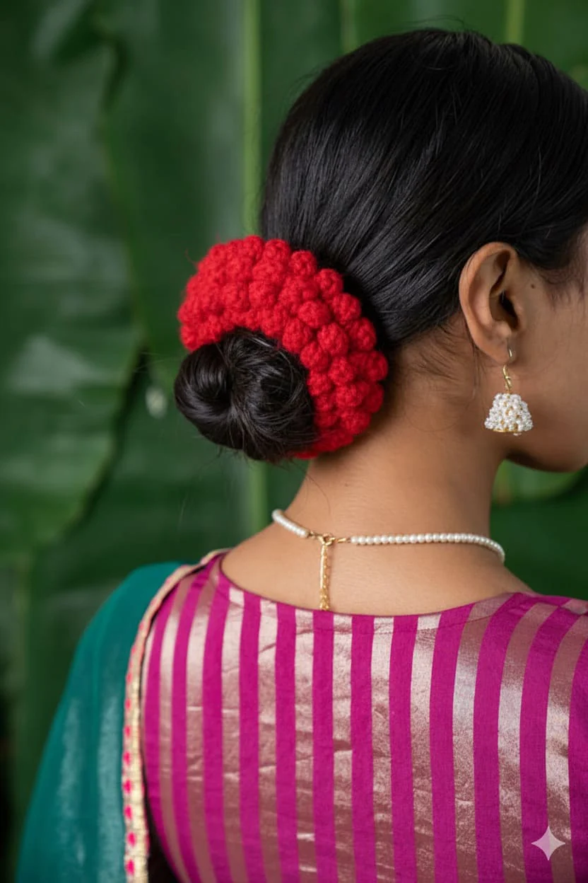 Crochet Flower Gajra Scrunchie Handmade Red - Image 3
