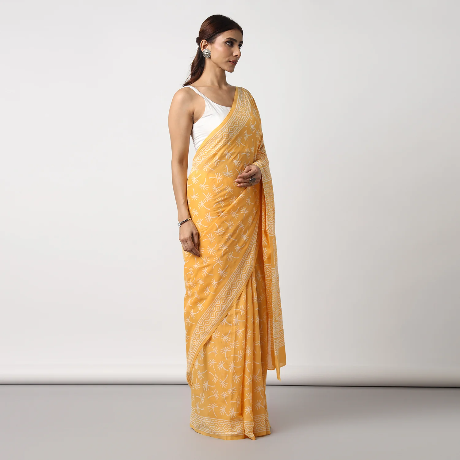 Dandelions in the Sky - Yellow Hand Block Print Mulmul Cotton Bagru Saree - Image 3