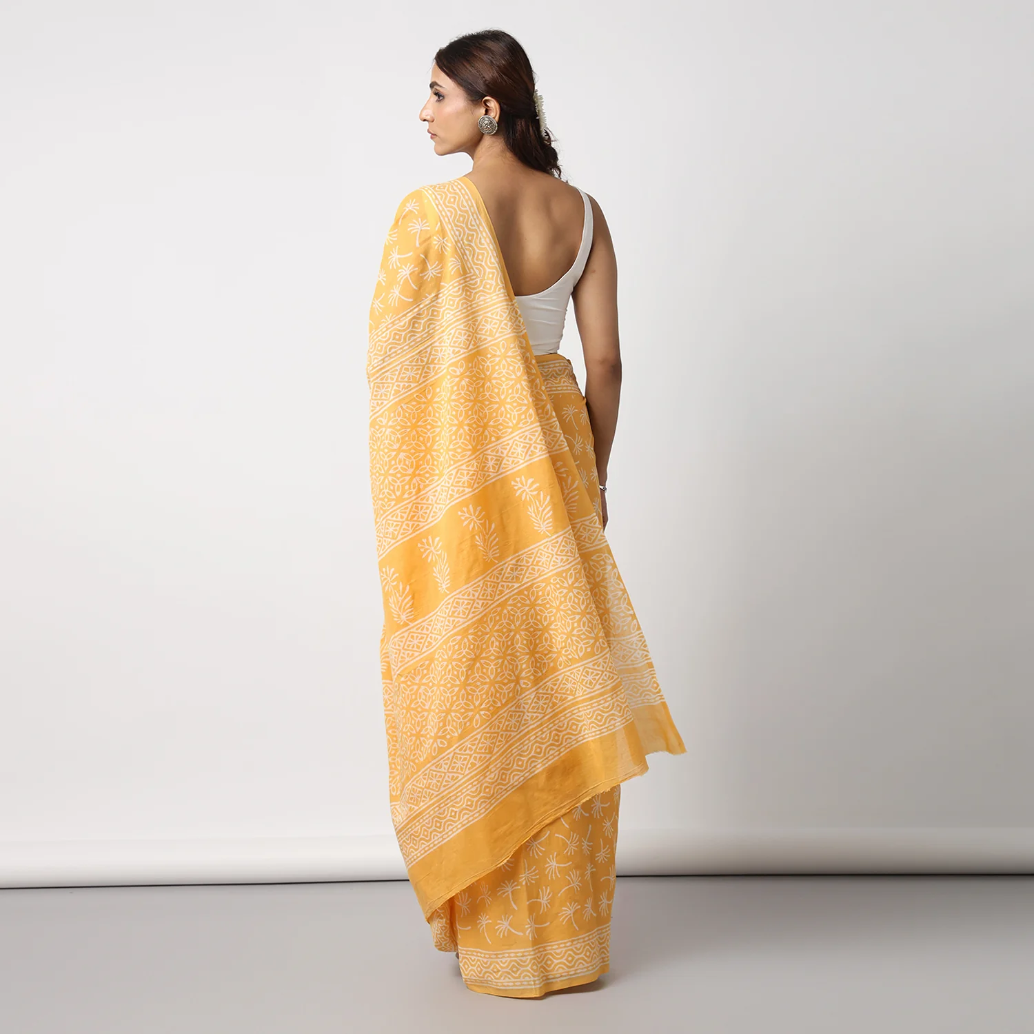 Dandelions in the Sky - Yellow Hand Block Print Mulmul Cotton Bagru Saree - Image 5