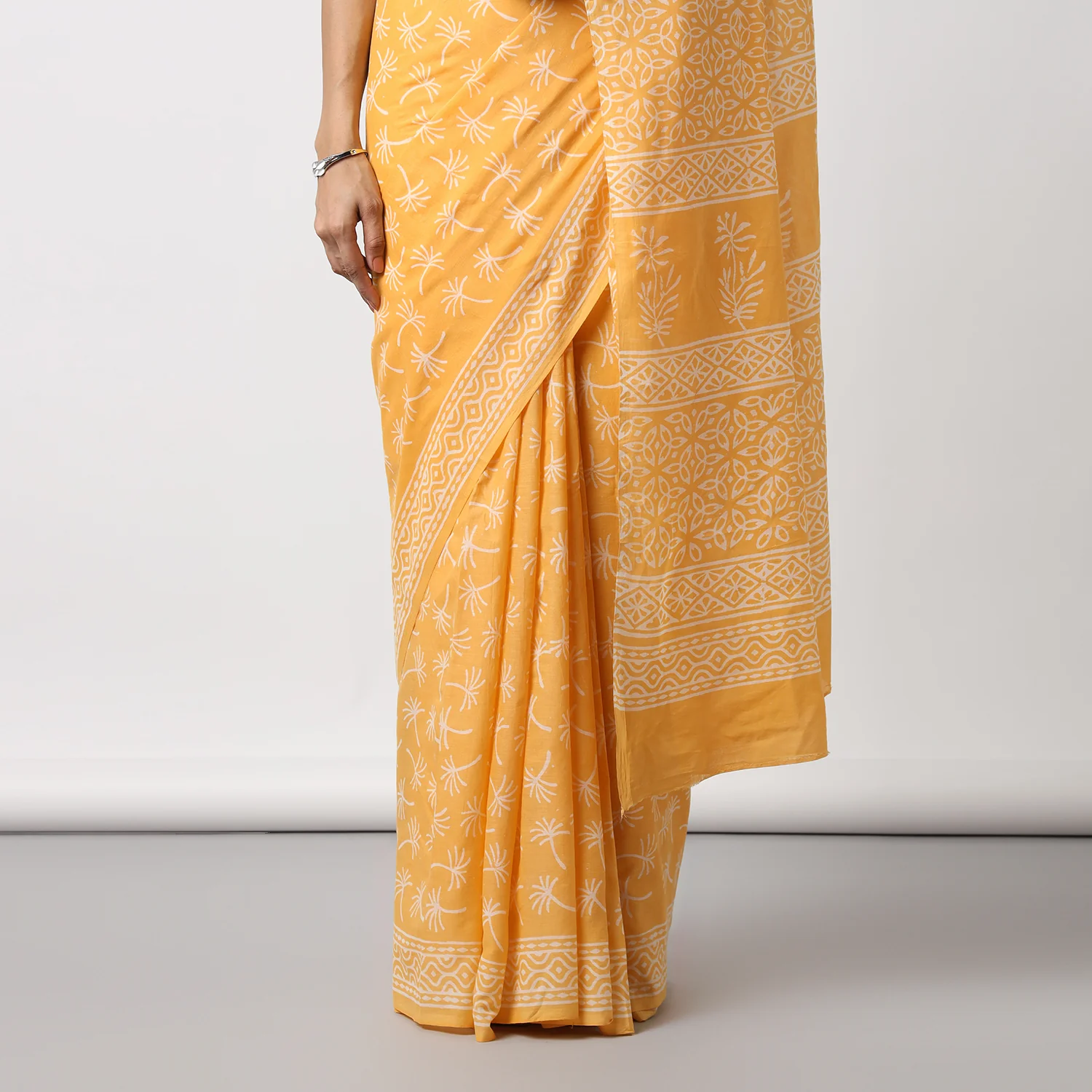 Dandelions in the Sky - Yellow Hand Block Print Mulmul Cotton Bagru Saree - Image 7