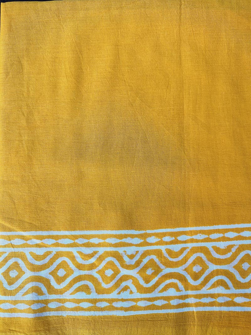 Dandelions in the Sky - Yellow Hand Block Print Mulmul Cotton Bagru Saree - Image 9