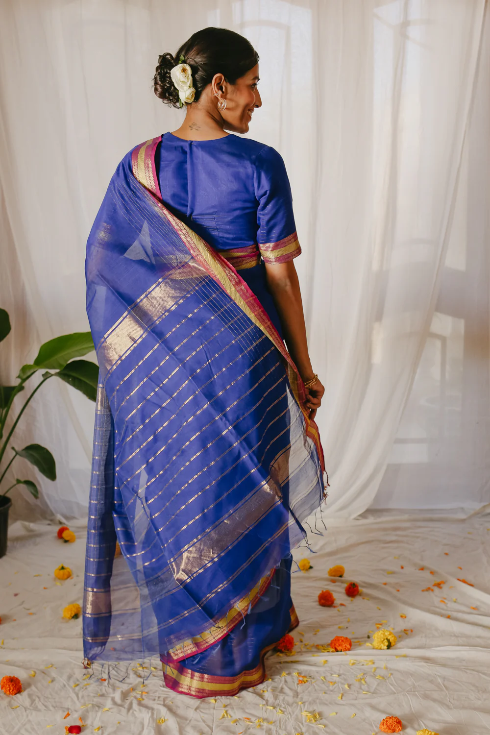 Dark blue Pure Silk Cotton Maheshwari Saree - Image 4