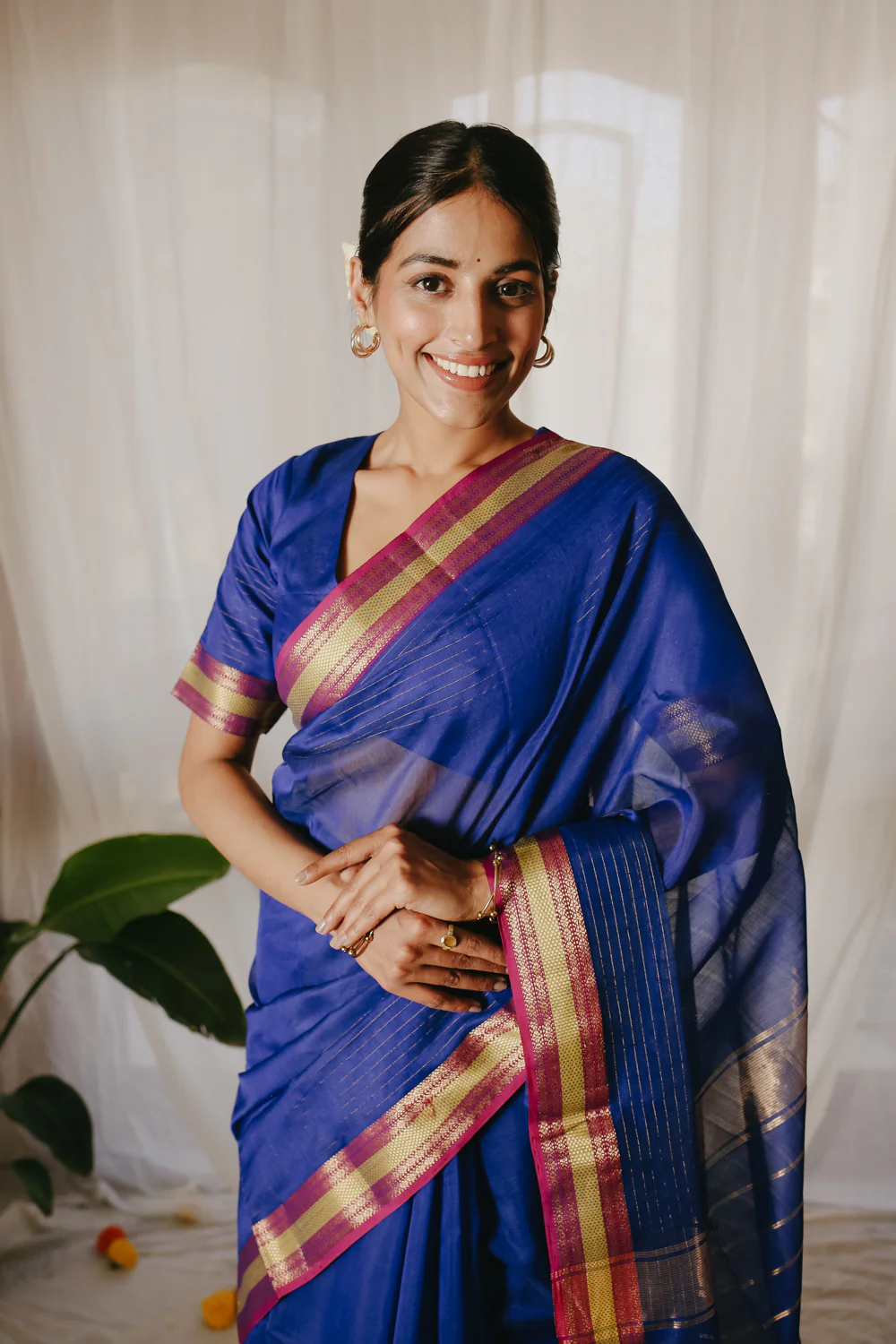 Dark blue Pure Silk Cotton Maheshwari Saree - Image 5