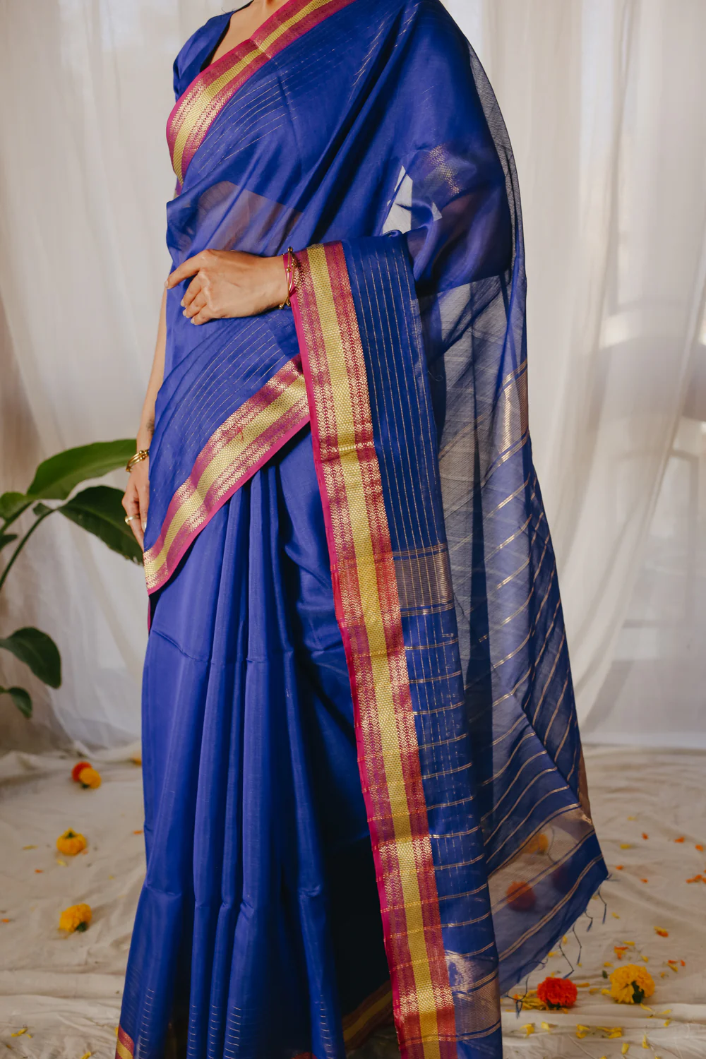 Dark blue Pure Silk Cotton Maheshwari Saree - Image 6