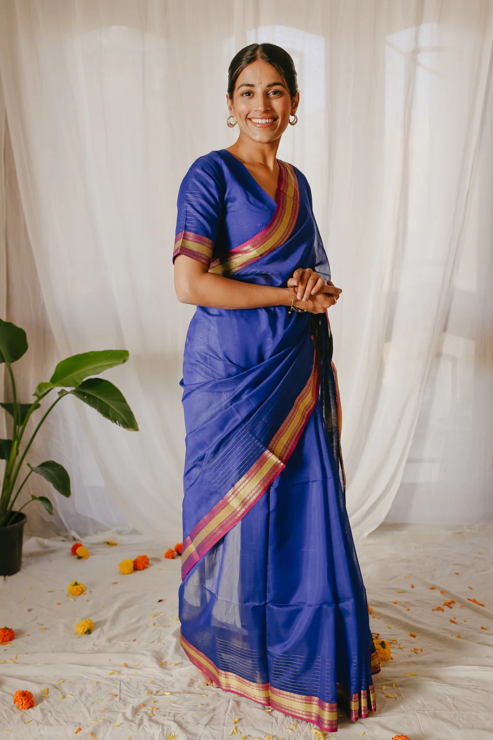 Dark blue Pure Silk Cotton Maheshwari Saree - Image 7