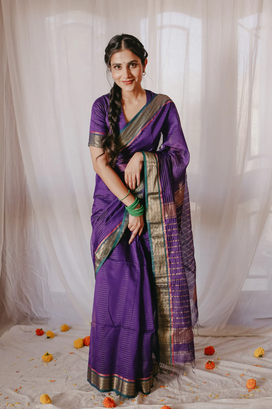 Dark Purple Pure Silk Cotton Maheshwari Saree - Image 4