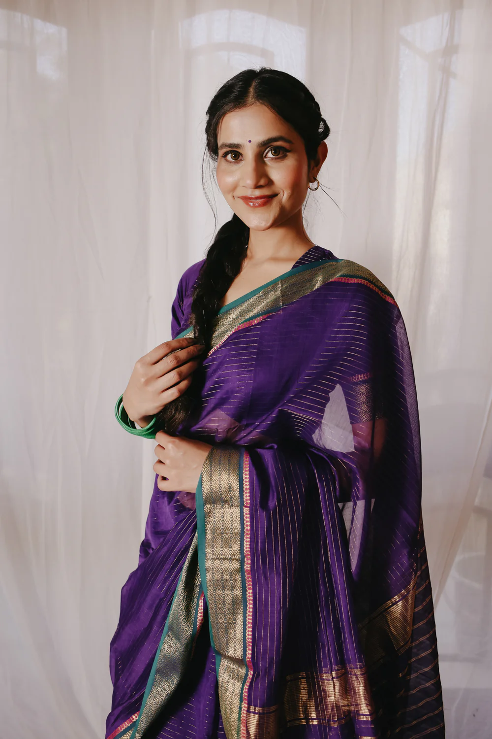 Dark Purple Pure Silk Cotton Maheshwari Saree - Image 5