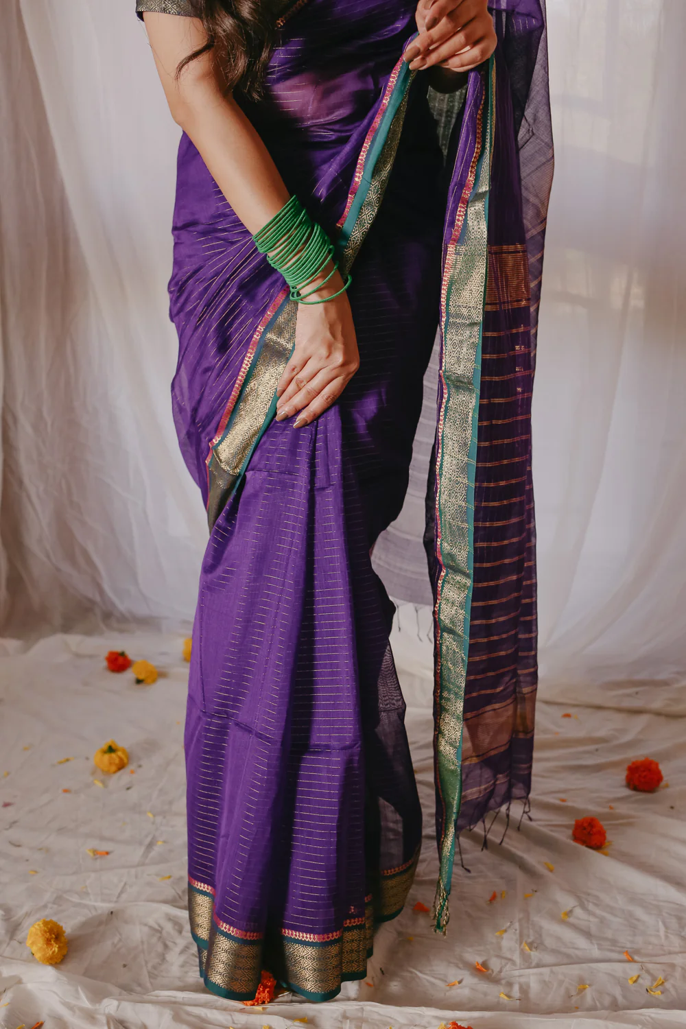 Dark Purple Pure Silk Cotton Maheshwari Saree - Image 7