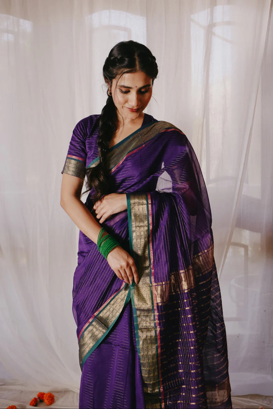 Dark Purple Pure Silk Cotton Maheshwari Saree - Image 8
