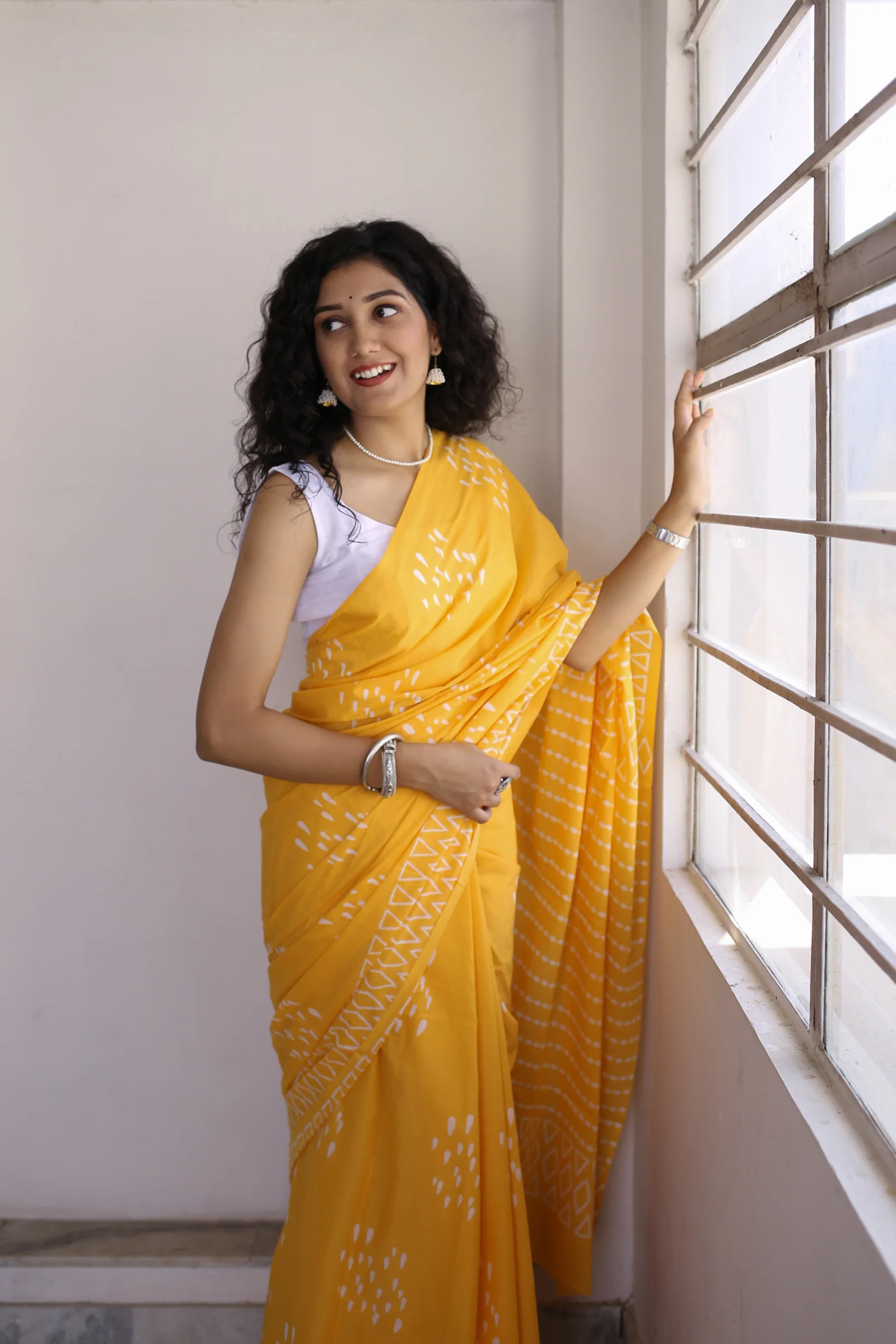 Drizzle in Backyard - Yellow Hand Block Print Mulmul Cotton Bagru Saree - Image 5