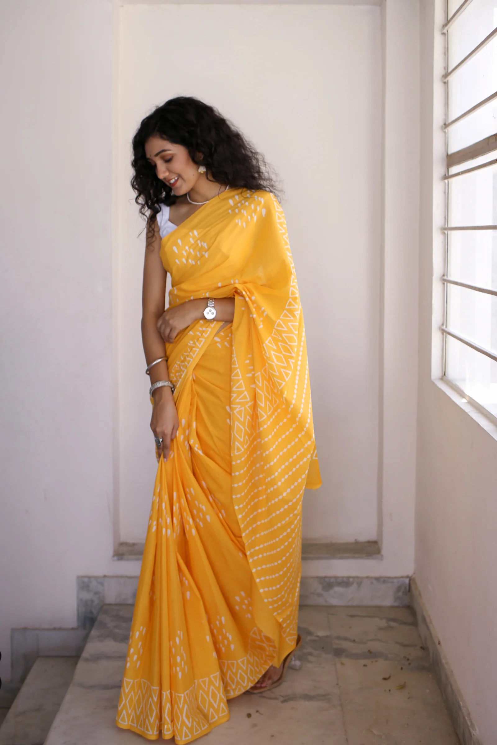 Drizzle in Backyard - Yellow Hand Block Print Mulmul Cotton Bagru Saree - Image 4