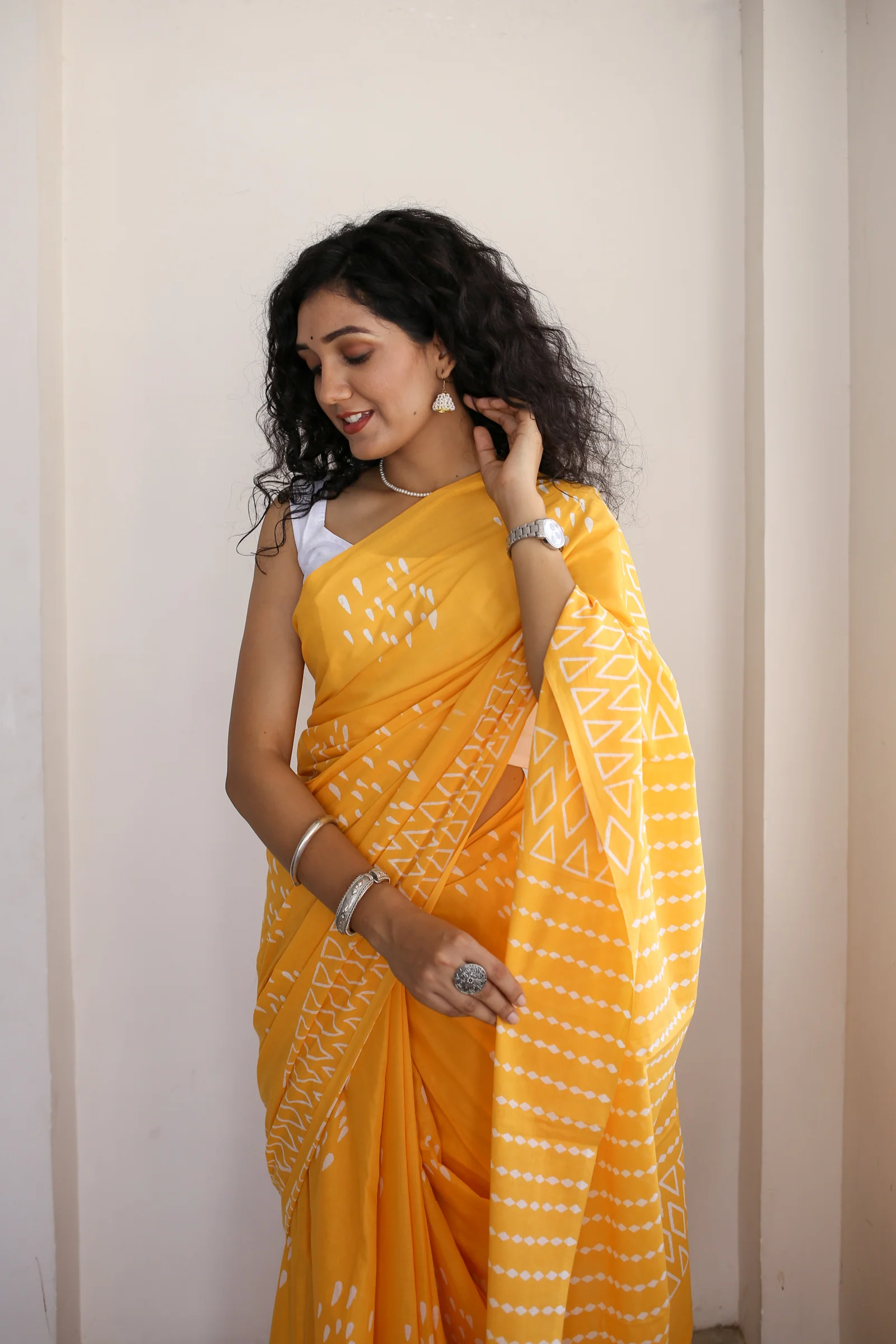 Drizzle in Backyard - Yellow Hand Block Print Mulmul Cotton Bagru Saree - Image 3