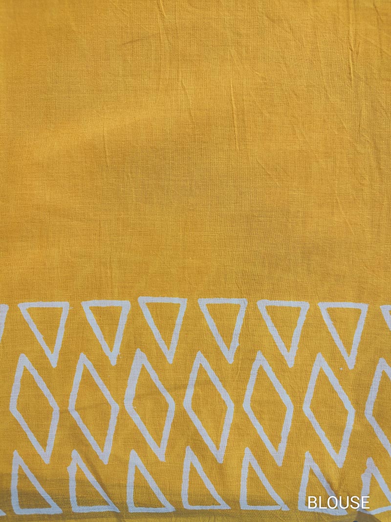 Drizzle in Backyard - Yellow Hand Block Print Mulmul Cotton Bagru Saree - Image 6