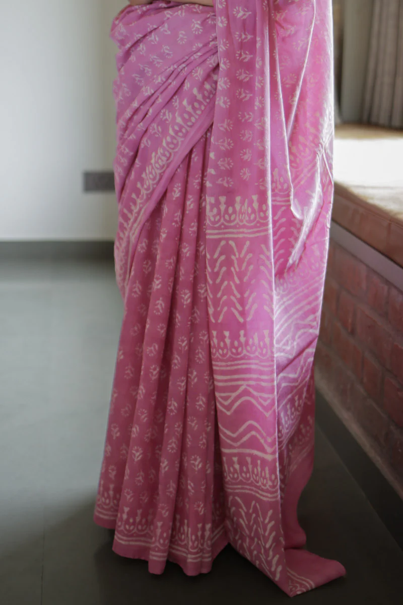 Dusty Pink Hand Block Print Mulmul Cotton Saree - Image 3