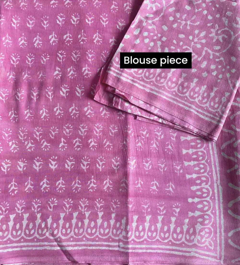 Dusty Pink Hand Block Print Mulmul Cotton Saree - Image 5